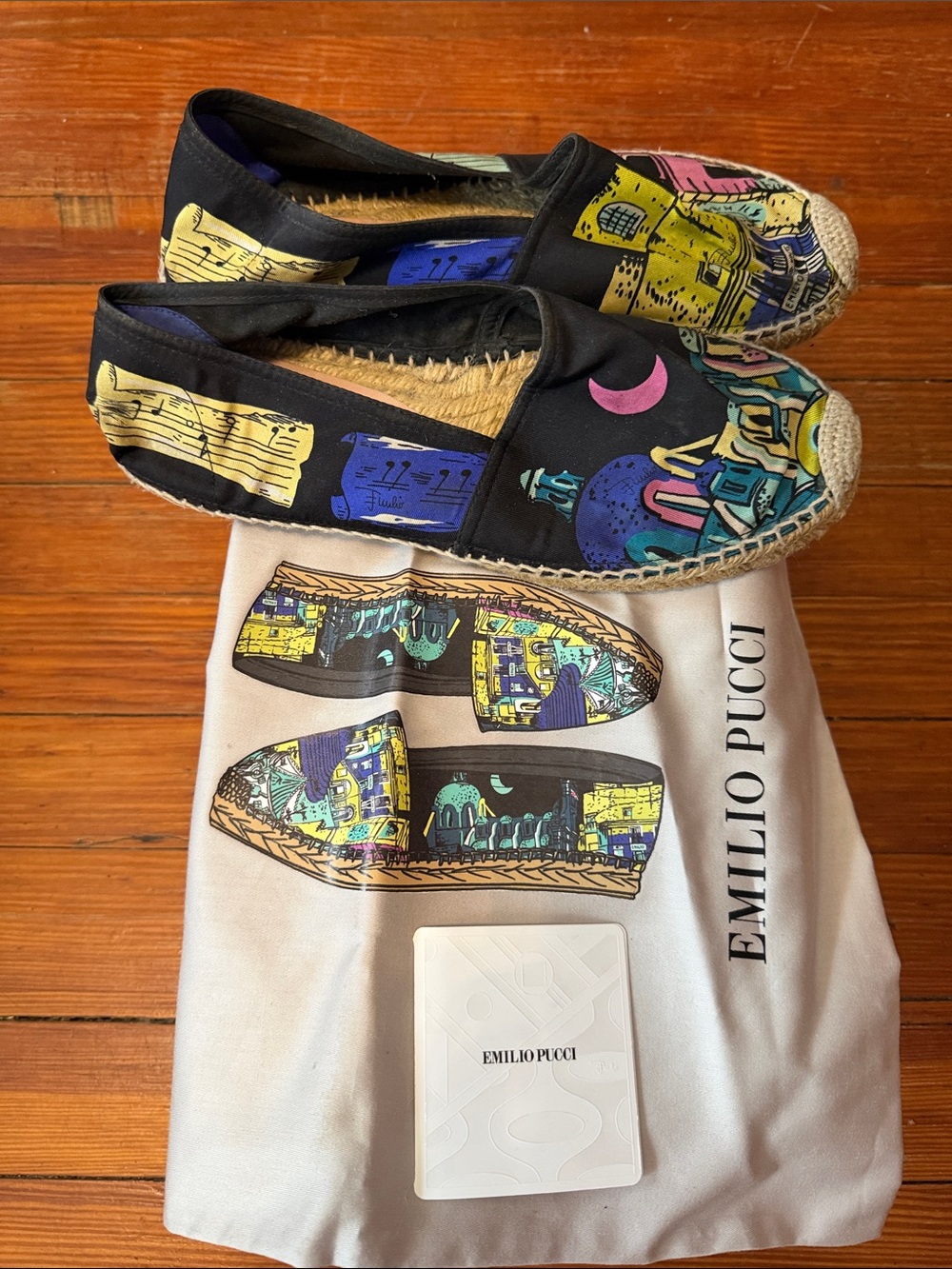 Authentic Emilio Pucci Black Multicolor Graphic Espadrilles Size 40